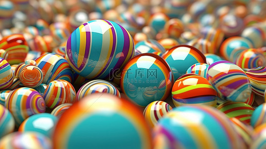 飞行中充满活力的条纹球体抽象特写插图与 3D 渲染
