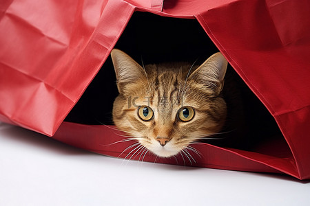 一只猫藏在红色购物袋里