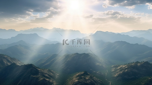 茶叶海拔背景图片_高海拔山景与神圣光芒3D渲染设计背景