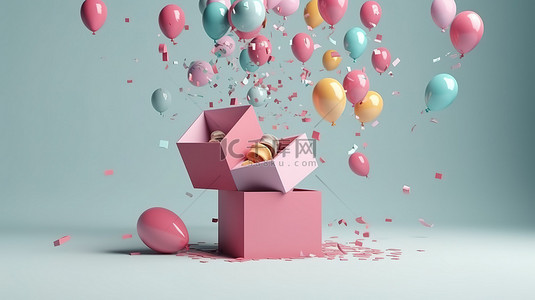 一个开放式礼品盒的 3D 渲染，带有气球五彩纸屑和背景中的微型礼物