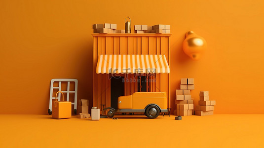 带有硬币和包裹盒的移动商店的 3D 渲染完美诠释了在线购物概念