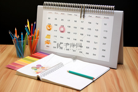 彩色铅笔背景图片_带有彩色铅笔和钢笔的大日历