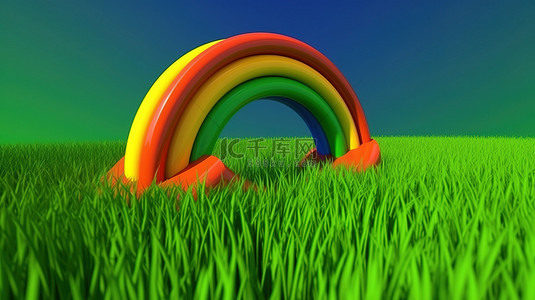 儿童卡通草地背景背景图片_在草地上用 3D 渲染制作的卡通彩虹