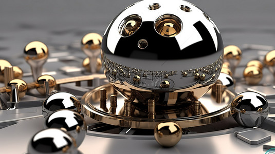 齿轮几何背景图片_带有金属球和抽象形状的当代齿轮的时尚 3D 渲染