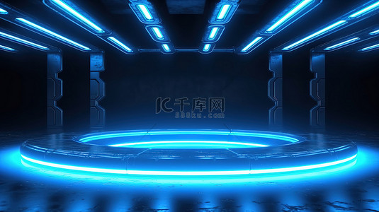 时尚而现代的舞台设计一个未来派科幻混凝土房间，具有反光表面和发光的霓虹蓝色圆圈 3D 渲染