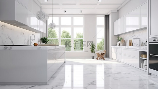 展示3背景图片_现代厨房内部为白色，配有宽敞的台面区域 3D 渲染