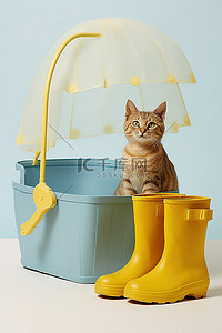 坐在天台背景图片_篮伞下的两只黄色雨靴