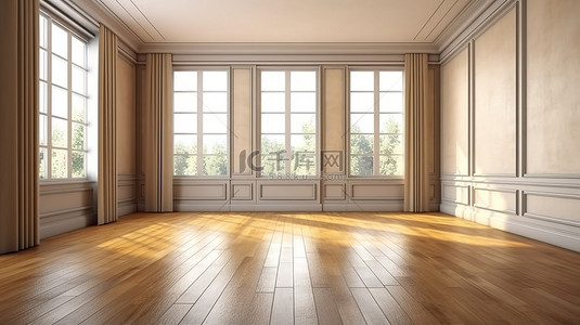 宽敞的房间配有优雅的墙壁檐口和抛光木地板 3D 设计