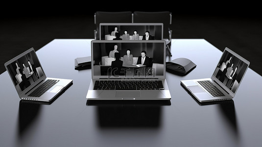 购物商城科技背景图片_笔记本电脑 3d 渲染中的虚拟商务会议
