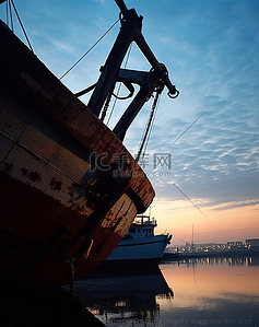 黄昏时港口里的旧船