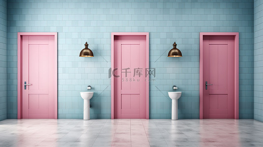 粉色和蓝色白墙聚光灯白色石材地板和标志的卫生间木门的 3D 渲染