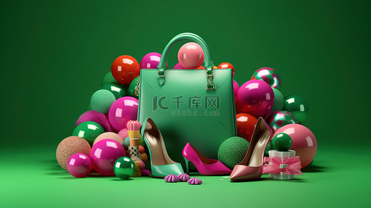 女性唇膏背景图片_充满活力的绿色场景 3D 渲染彩色球，带袋口红高跟鞋戒指香水和礼品盒