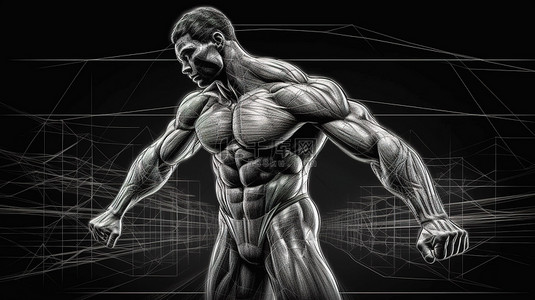 运动健身的人物背景图片_雕刻身体 健美活动的 3D 线条艺术插图