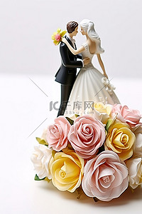 白色背景的真正婚礼新娘和新郎雕像和新娘花束