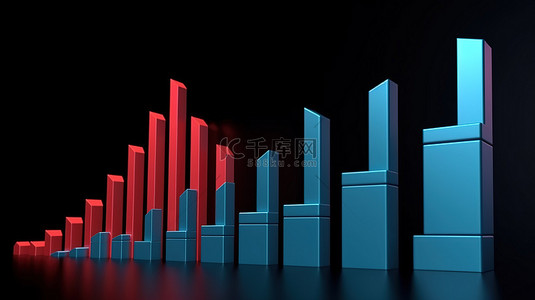 蓝色背景在 3D 渲染中突出显示红色箭头向上生长的条形图