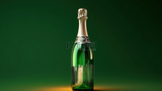 绿色背景香槟瓶3D渲染特写镜头