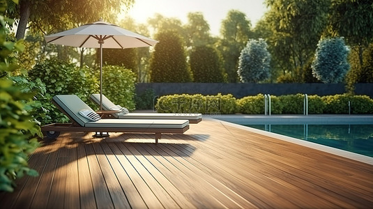 现代户外绿洲花园的 3D 渲染，配有草坪椅游泳池和木甲板