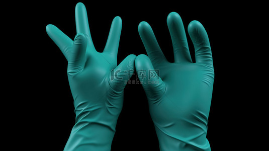 医生手戴蓝色和绿色橡胶手套的 3d 插图渲染，展示演示和广告的各种手势