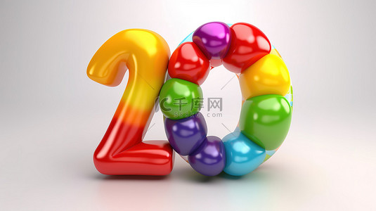 派对气球字背景图片_10 型彩虹气球的 3D 插图，在白色背景上隔离从 a 到 z 拼写字母表