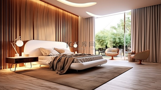 时尚的现代卧室和起居空间，配有丰富的木材和大理石饰面 3D 渲染
