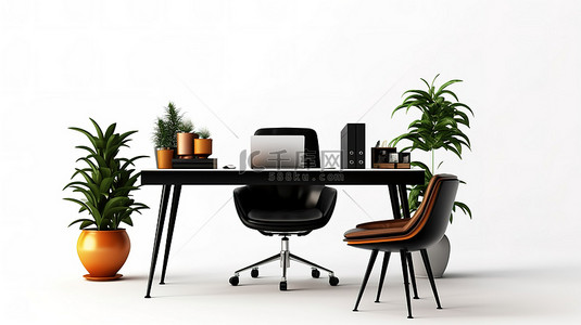 电脑办公桌面背景图片_现代艺术办公环境办公桌上的电脑，配有黑色皮革座椅，白色背景，3D 设计