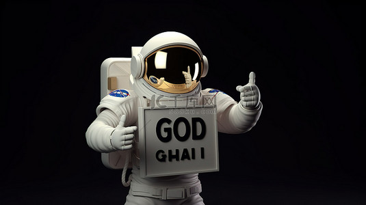 良好的标牌宇航员在 3D 渲染中持有广告牌