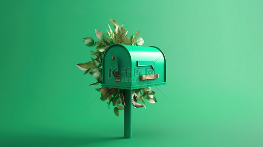 绿色背景邮箱的 3D 插图，具有充足的信件复制空间