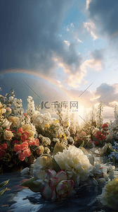 花卉植物花园蓝天白云日光梦幻卡通广告背景