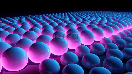 技术与几何背景下霓虹灯圈和白球的艺术抽象 3D 渲染相结合