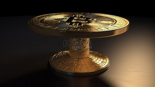 在 3D 渲染图中站在圆形基座上的金色比特币