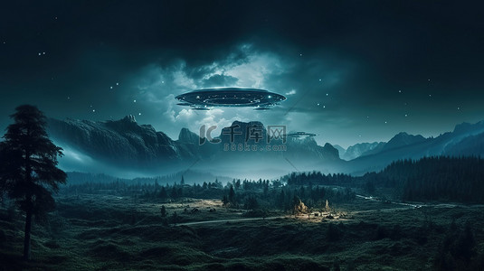 夜景梦幻背景图片_具有未来空间云背景的 3D 渲染中的梦幻般的赛博朋克森林景观
