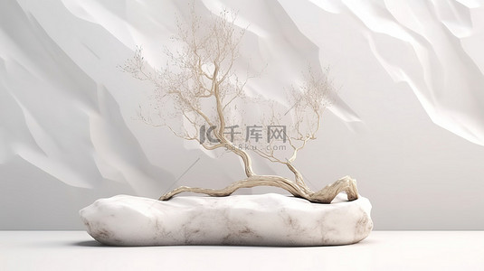 优雅的大理石讲台和稀疏的白色树枝在光滑的白沙当代 3D 渲染上