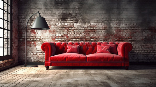 带红色沙发枕头地毯和木地板的空砖墙的 3D 渲染