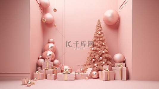 派对设计背景图片_圣诞树灵感的礼品盒令人着迷的 3D 渲染，装饰着浅粉色花环和金色装饰品