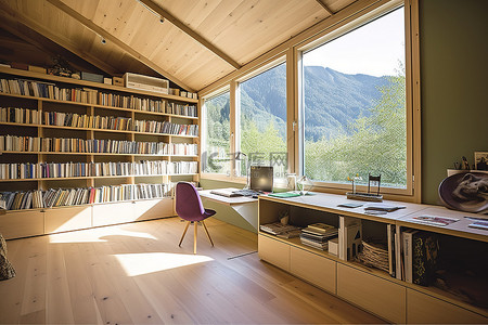 家庭办公室一个装满书籍的木架子