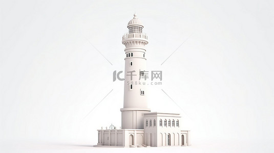 原始白色背景上令人惊叹的白色灯塔的粘土风格 3D 渲染