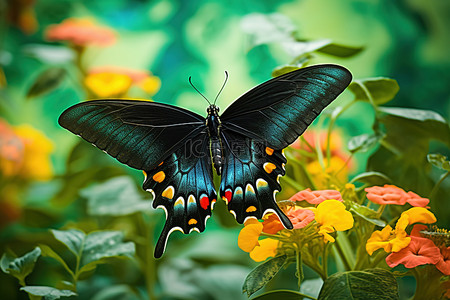 绿色植物上的黑色蝴蝶，开着金花