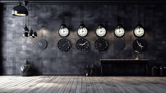灰手背景图片_时尚的黑色轨道灯和现代 3D 挂钟阁楼风格的室内设计