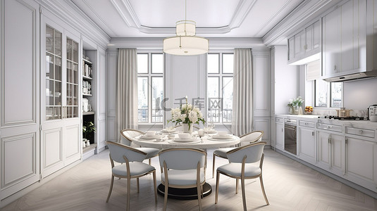 时尚的用餐空间设有经典的白色厨房，配有岛台和高脚椅座位，在明亮的公寓环境中提供高品质 3D 渲染插图