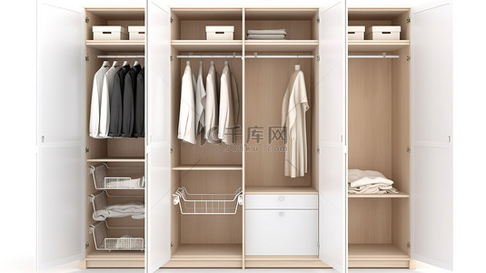 家居衣柜现代背景图片_白色背景干净的衣柜，配有悬挂配件，包括剪切路径 3D 渲染