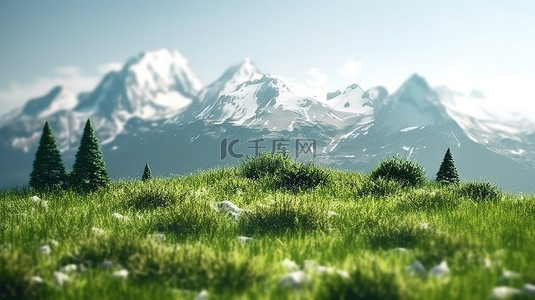 广阔的 3D 渲染绿色景观中的雪山