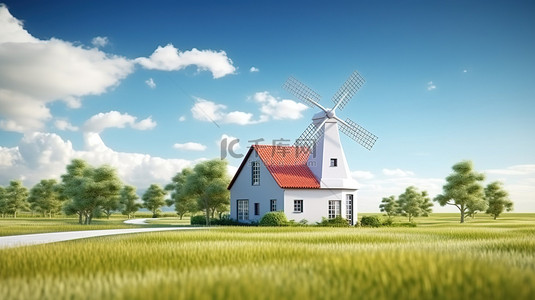 宁静的绿色景观上白色木屋和风车的 3D 插图