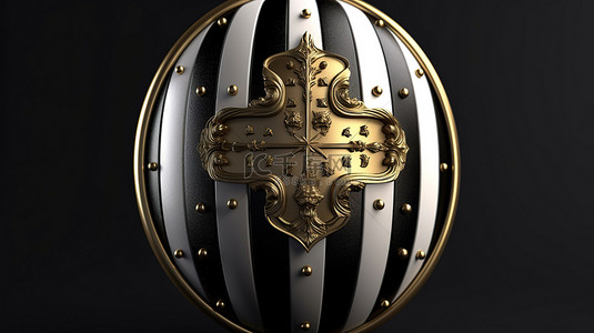3D 渲染的中世纪盾牌，带有黑色和金色条纹