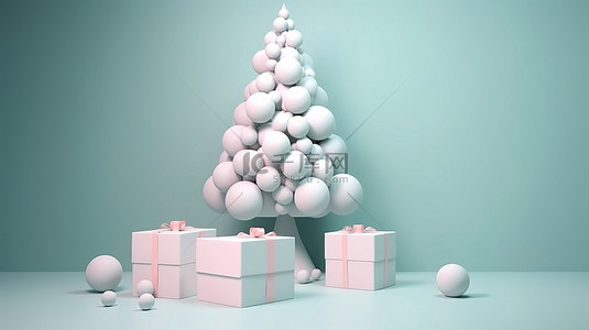 现代简约节日背景图片_简约 3D 圣诞树，配有悬挂礼品盒和装饰品，现代风格的圣诞装饰品