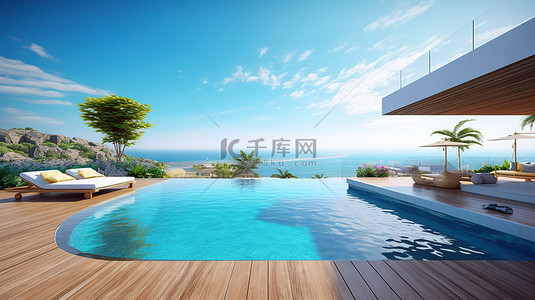 豪华住宅 3D 渲染私人游泳池，享有全景海景和海滩附近
