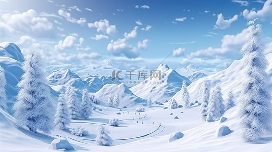 冬季的树背景图片_冬季仙境令人惊叹的雪山和风景 3D 视图