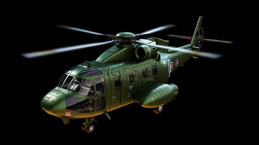 黑色孤立背景上绿色小型军用运输直升机的 3D 插图