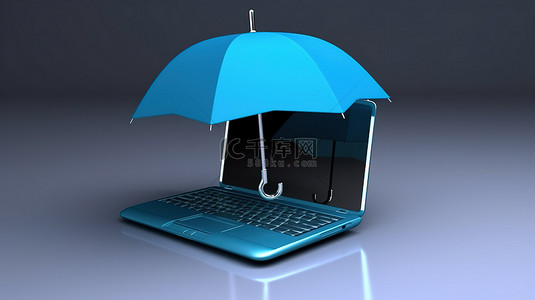 保护笔记本电脑的蓝色雨伞的 3D 插图