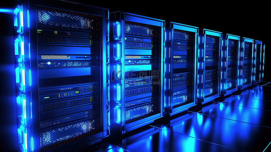 一排计算机服务器，黑色主题 3D 渲染图像中带有蓝色照明