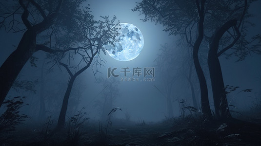 夜光森林背景图片_月光下的神秘森林雾夜的 3d 渲染